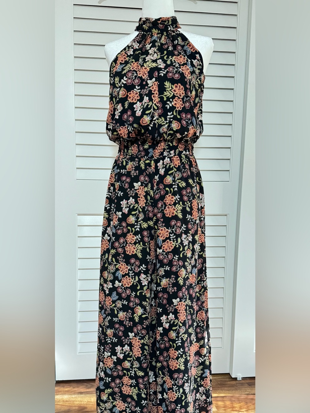 Vince Camuto Floral Halter Jumpsuit- Black with Pink/Green/Blue floral/size 2